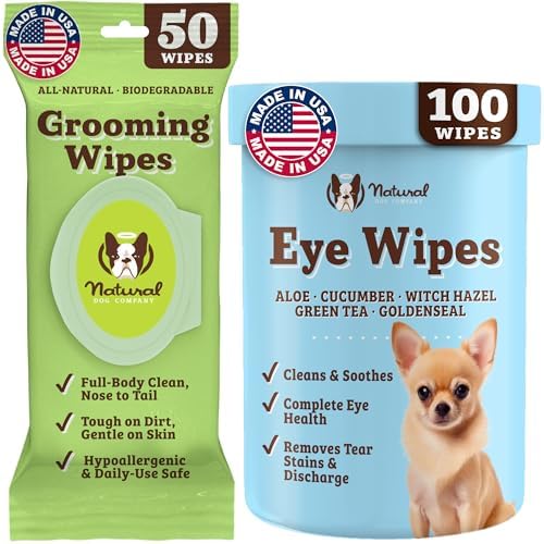 Natural Dog Company Eye & Grooming Wipes Bundle for Dogs – Tear Stain Remover & Full-Body Deodorizing Wipes with Green Tea, Goldenseal & Aloe – Hypoallergenic, Vegan – 100 ct + 50 ct