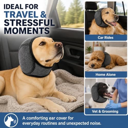 Dog Ear Muffs Noise Protection, Adjustable Dog Ear Wrap Calming Hoodie, No Shake Ear Covers for Thunder, Vacuum, Grooming & Bathing, Polyester Noise Reduction Padding with Elastic Strap(Black,M)