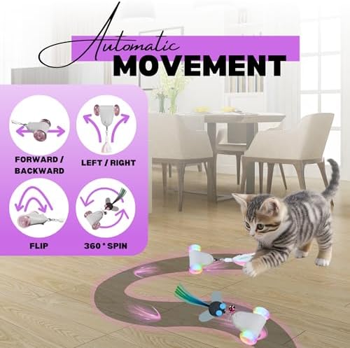 Rolling Rover – Interactive Cat Toy with RGB Wheels, Automatic Moving Mouse-Shaped Design, Feather Butterfly and Bell Attachments, Smart Motion Activated for Indoor Cats & Kittens (Pink)