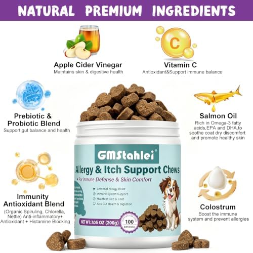 Dog Allergy Relief Chews, Itchy Skin, Paw Licking & Hot Spots Support with Omega-3 Fish Oil, Colostrum & Probiotics, Seasonal Allergy & Immune Support, 100 Count