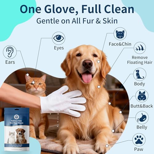 Pet Glove Wipes for Dogs, Hypoallergenic, Cleaning, Deodorizing, Moisturizing, Easy to Clean Wrinkles, Paws, Eyes, Ears, Face, Buttocks, and Body, for Daily Care and Travel (30pcs)