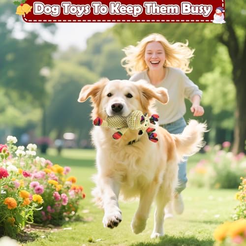 Dog Toys Squeaky Interactive Stuffed PP Cotton Puppy Teething 2-Pack Chew Toy Deer Shape Crinkle Sound Paper Tail, for Large Medium Small Breeds Indoor Outdoor Play
