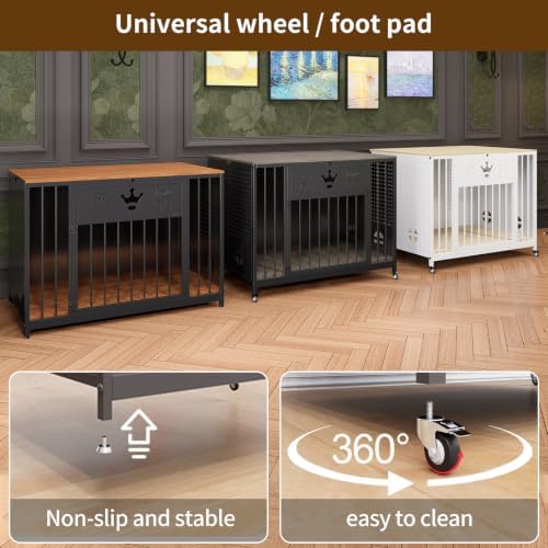 39"Iron Pegboard Dog Kennel Furniture with Solid Wooden Top & RGB LED Light