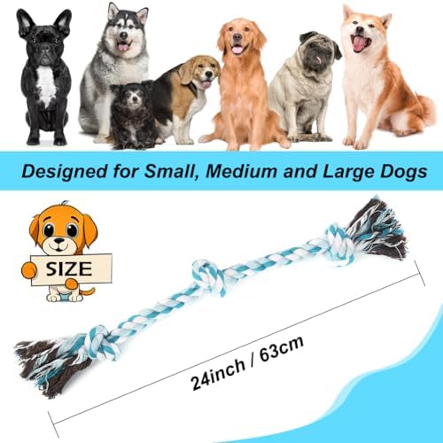 SZEE Dog Rope Toys, 24 in 3 Knots Chew Rope for Medium and Large Dogs, Natural Cotton Pet Pull Toy for Tug of War and Teeth Cleaning (Blue)