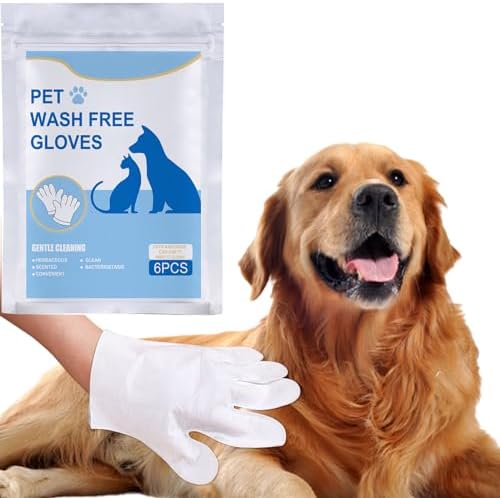 Pet Wash Free Grooming Gloves, 6Pcs Cleaning Cat Dog Wipes for Face, Ear, Eye, Paws Pet Body Rinse Free Gloves, No Rinse Thick Extra Puppy Wipes, Disposable Plant-Based Dog Bath Wipes