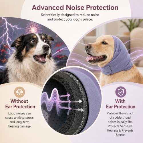 Adjustable Dog Quiet Ear Muffs Calming Ear Hoodie, Noise Canceling Breathable Ear Wraps for Dog Anxiety Relief, Ear Covers for Fireworks Thunderstorm Grooming Force Drying Noise Protection (Purple, M)