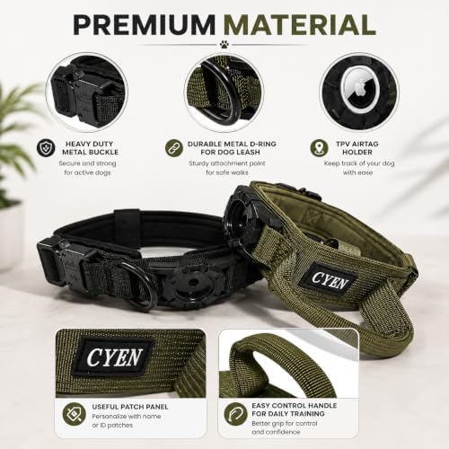 Heavy Duty Tactical Dog Collar with Tracker Pocket,Adjustable GPS Tracking Collar for Small, Medium & Large Dogs, Compatible with Compact Smart Trackers,Control Handle for Added Security (Green, XL)