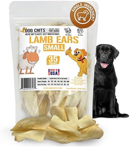 Dog Chits Lamb Ears for Dogs – 100% Natural Baked Lamb Ear Dog Treats – Grain-Free, High Protein, Lower Fat Training Chews – Dental Health & Joint Support – for Medium and Small Pups – 35 Pack