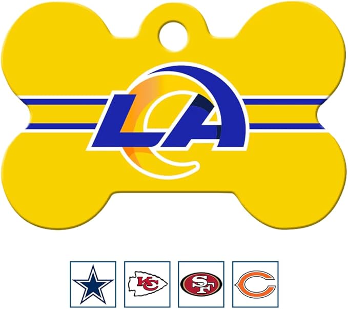 GoTags Personalized LA Rams Dog Tag, Brass Metal Bone Shape Pet ID Tag Engraved with Name and Custom Text, Every NFL Football Team Pet Apparel (Large)