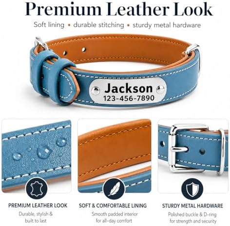 Personalized Genuine Leather Dog Collar with Name Phone Number-Sky Blue-XS
