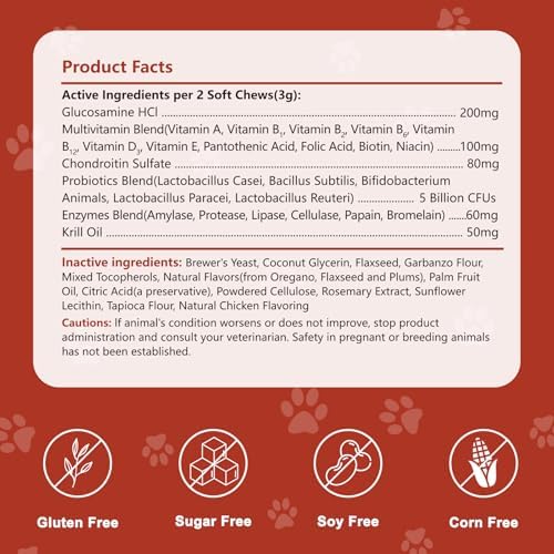 Dog Multivitamin Chewable, with Glucosamine Chondroitin, Digestive Enzymes & Probiotics, for Digestion Support, Immune, Skin, Coat, Joints & Bones Healthy, 120 Chews