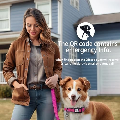 Reflective Dog Collar with QR Code Tag, Rose Red, M,(12.6"-19.6")