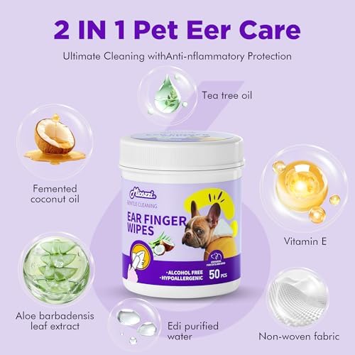 MIOSSZI Dog Ear Cleaner Finger Wipes for Dogs & Cats – Removes Wax & Odor, Helps Soothe Itchy Ears, Pet Ear Cleaning Finger Wipes 50 Count