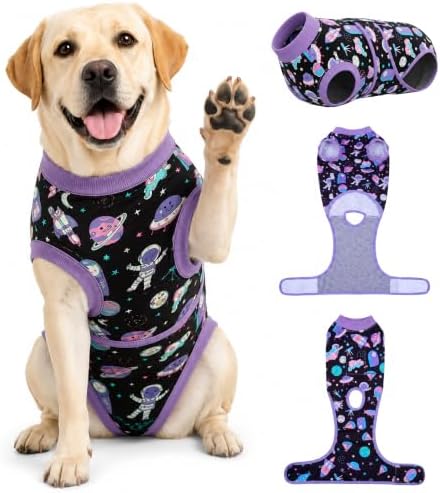 PetWarm Dog Surgical Suit, Post-Surgery Dog Bodysuit, Cosmic, Purple, L