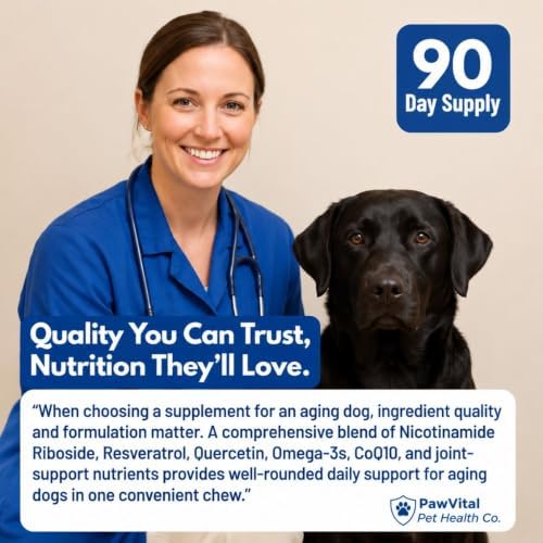 NAD+ Precursor Senior Dog Supplement – NMN Alternative Soft Chews for Longevity, Healthy Aging & Cellular Energy – Nicotinamide Riboside (NR), Resveratrol, Quercetin, Glucosamine & Omega-3