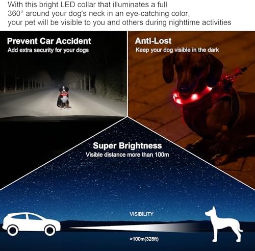 CHUKCHI LED Dog Collar Rechargeable,Waterproof Flashing Collar,Light Up Glow Collar, Adjustable Soft Safety Light Up for Small Medium Large Dogs Walking Camping at Night (Red-L)