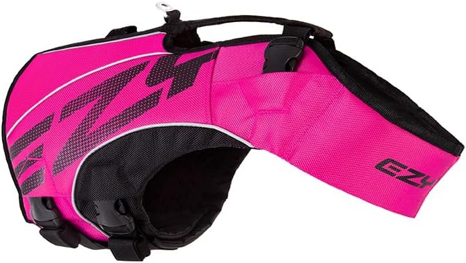 EzyDog DFD X2 Dog Life Jacket - Adjustable Swimming Safety Life Vest Preserver with Continuous Neck Flotation, Reflective Trim, & Grab Handle (4XS, Pink)