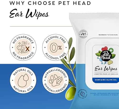 Pet Head Health Ear Wipes for Cats and Dogs | Fragrance-Free | 30 Wipes