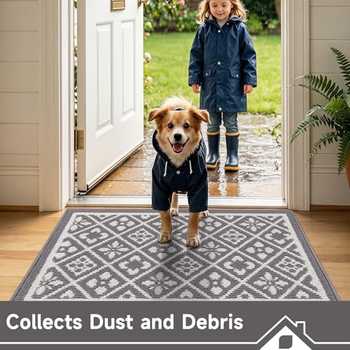Ileading Indoor Door Mat 3x5ft Absorbent Dog Mats for Muddy Paws,Machine Washable Small Living Room Area Rug with Non-Slip Rubber Backing Low-Profile Inside Carpet for Hallway,Entryway,Kitchen(Grey)
