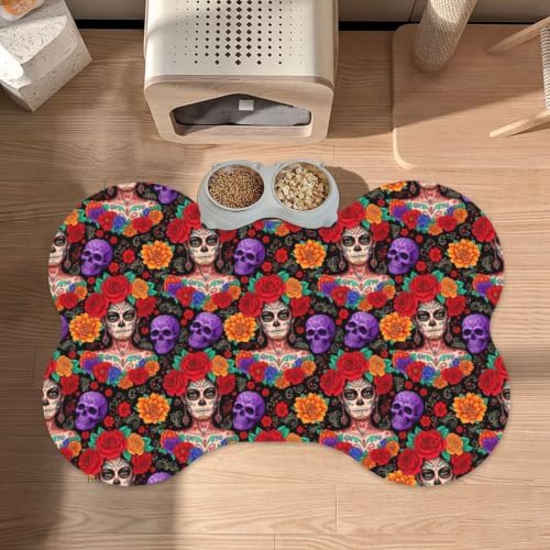 Dog Mexican Rose Sugar Skull Floral Women Day of The Dead Art Food Mat