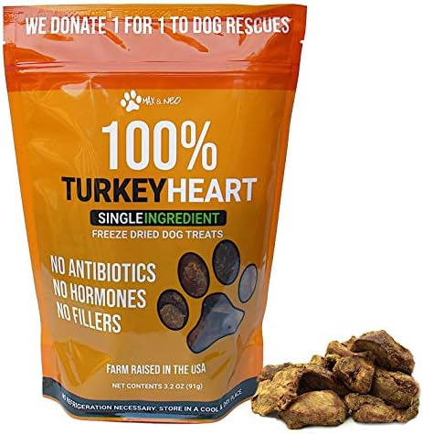 Max and Neo Freeze Dried Turkey Heart Dog Treats - Single Ingredient, Small Farm, Antibiotic Free, Human Grade Turkey Grown in the USA - We Donate 1 for 1 to Dog Rescues for Every Product Sold