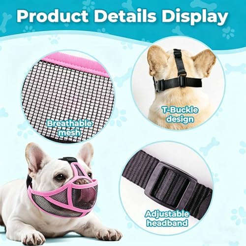OHCOZZY French Bulldog Muzzle with Soft Mesh, Allows Tongue Extension -Open Eye Hole Short Snout Dog Muzzle for Biting Prevention, Drinking & Feeding(L,Pink)