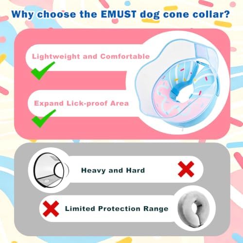 EMUST Inflatable Dog Cone Collar with Removable Clear Protective Shield, Comfortable, Lightweight 2-in-1 Dog Donut Collar After Surgery, Soft Dogs Cone Alternative with Pump(BluePink, Large)