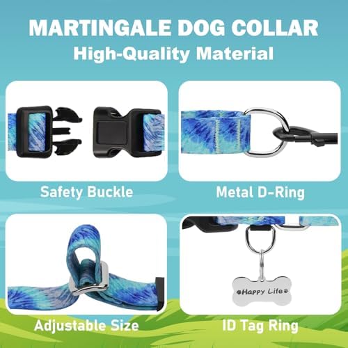 Martingale Collar with Buckle Blue Tie Dye Training Collar Adjustable Nylon Boy Dog Collars (Blue Teal, Medium)