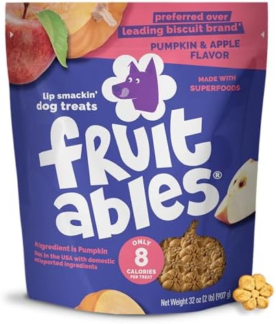 Fruitables Baked Dog Treats, Healthy Pumpkin Treat for Dogs, Low Calorie & Delicious, Made Without Wheat, Corn and Soy, Made in the USA, Allergy Friendly, Pumpkin and Apple Flavor, 32 oz