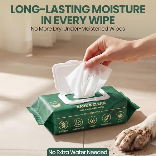 Bark & Clean Dog Wipes for Paws and Butt, 50 Count, Extra Large, Thick 8.5" x 9" Hypoallergenic Bamboo Puppy Compostable Cleaning & Deodorizing Grooming Wipes with Lavender