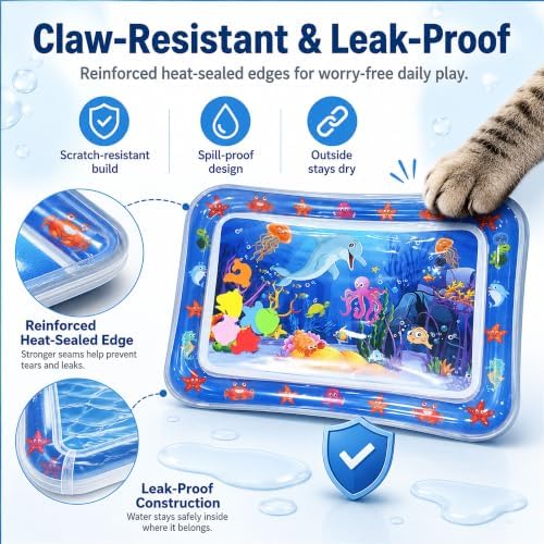 Aquameow Water Cat Toy,Claw-Resistant Sensory Cooling Water Mat，Rectangular