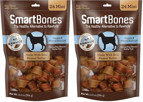 SmartBones Mini Chews with Real Peanut Butter 24 Count, Rawhide-Free Chews for Dogs (Packaging May Vary) (Pack of 2)