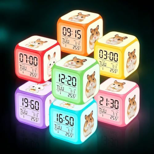Wake Up Light Cute Golden Hamster Cube Digital Alarm Clock, Battery Operated 7 Color Soft LED Glow Lamp, Time Week Date Temp Small Pet Lover Bedroom Clock