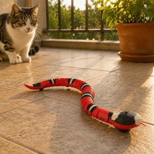 Electric Cat Toy Snake Robot Moving Pet Toy Interactive Snake USB Rechargeable Pet Gadget Realistic Banded Look and Self Steering Suitable for Indoor Play Kitten Training Homes
