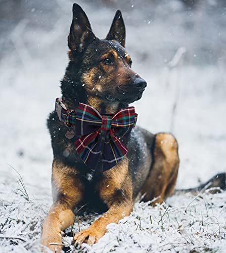 DOGWONG Christmas Dog Collar with Sailor Bow tie, Red Blue Plaid Dog Collar Soft Durable Adjustable Cotton Blue Tartan Gingham Puppy Collar for Small Medium Large Dog