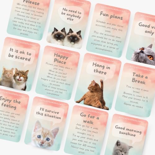 Cats Against Anxiety Cards - 50 Cards by Catchyourdreams for Self Esteem and Stress, Affirmations for Anxiety Emotions Cat Gifts for Women Men (Cats Against Anxiety)