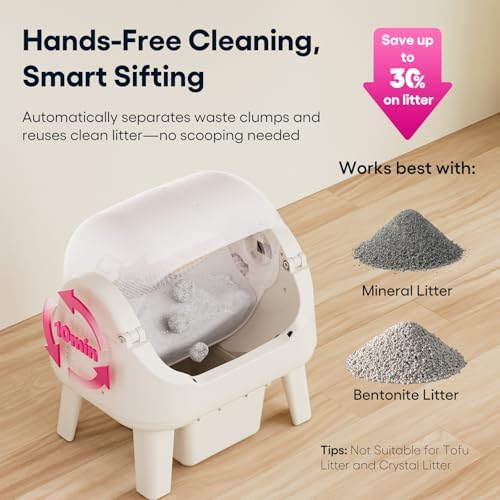 PetPivot Open Top Self Cleaning Cat Litter Box, Automatic Litter Box with 7 Pairs of Safety Sensors, Anti-Pinch Protection and Easy Access Step for Senior Cats, Pink