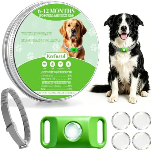 Natural Flea and Tick Collar Kit for Dogs, 1 Collar with Silicone Buckle and 4 Capsules, Water-Resistant Dog Flea & Tick Collar for Small Medium Large Dogs
