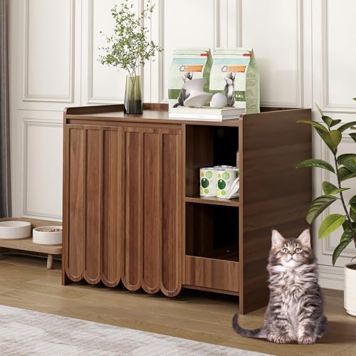 Halitaa Large Litter Box Enclosure with Litter Collector, Hidden Litter Box Furniture for Automatic Litter Box, Cat Robot 3/4, Dog Proof Litter Box Cabinet, Side Table, Walnut