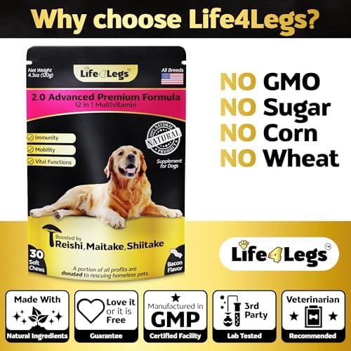 30 Soft Chews Dog Vitamins - Hemp Oil Glucosamine Chondroitin Hip and Joint Support Health, Skin & Coat Supplements, Digestion & Immune Booster, Heart, Probiotics - Bacon Flavour