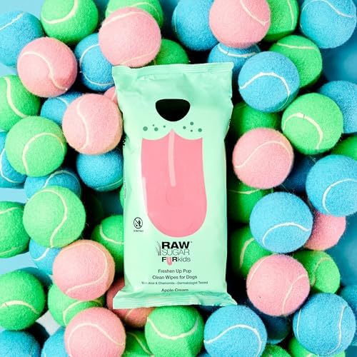 Raw Sugar Dog Wipes, Fur Kids Waterless Pet Wipes, 3 Pack, 60 Ct, Dog Grooming, Cleaning & Deodorizing, with Chamomile & Aloe Vera for Paws, Coat, Face & Ears, Vegan & Animal Test-Free, Apple Cream