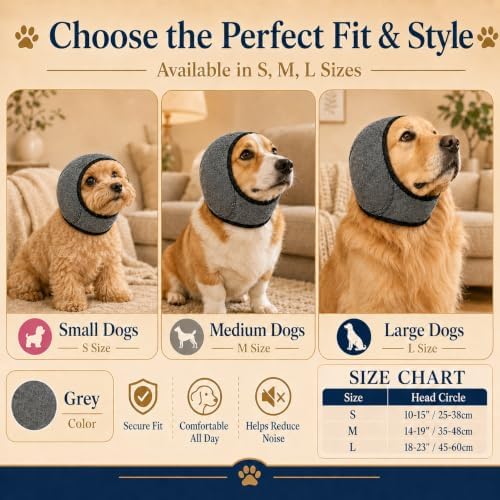 Dog Ear Muffs Noise Protection, Adjustable Dog Ear Wrap Calming Hoodie, No Shake Ear Covers for Thunder, Vacuum, Grooming & Bathing, Polyester Noise Reduction Padding with Elastic Strap(Black,M)