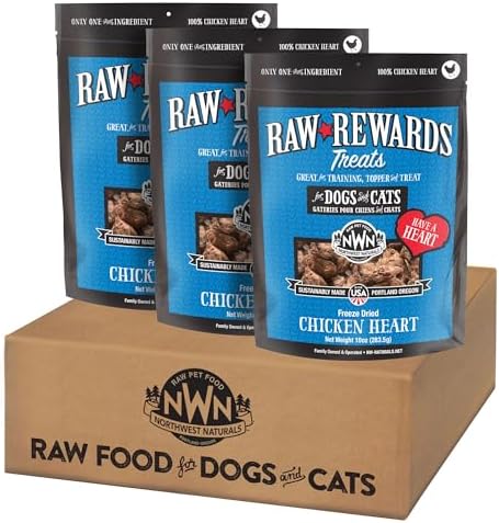 Northwest Naturals Raw Rewards Freeze-Dried Chicken Heart Treats for Dogs and Cats - Bite-Sized Pieces - Healthy, 1 Ingredient, Human Grade Pet Ingredients, Natural, Made in USA, 10 Oz (Pack of 3)