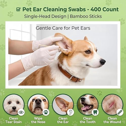 400 Pcs 6 Inch Long Dog Ear Swabs with Storage Box, Large Cotton Buds with Bamboo Handle, Soft & Absorbent Dogs Ear Cleaner Sticks for Gentle Cleaning