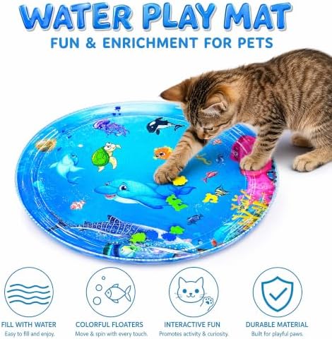 2026 Upgraded Cat Water Mat – 5-Layer Anti-Scratch Leak-Proof Sensory Play Mat for Indoor Cats, BPA-Free Cooling Water Pad, Interactive Enrichment Toy (S9, 65 * 50CM, 4 Fish + Pump Included)