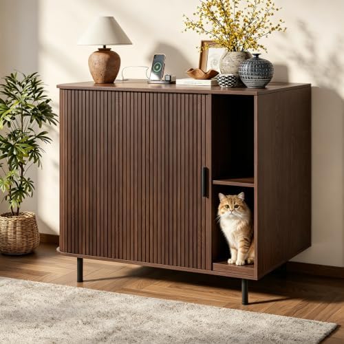 Large Cat Litter Box Enclosure with Scratch Pad, 42.6'' Hidden Litter Box Furniture for Automatic self-Cleaning Litter Boxes, Sliding Door, Adjustable Shelf for Dog Proof, Charging Station, Walnut