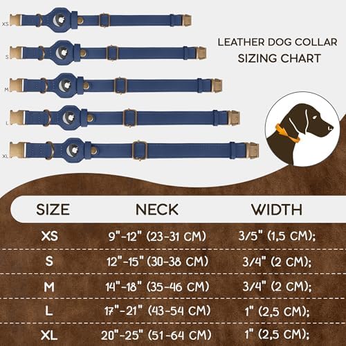 AirTag Dog Collar - Genuine Leather Dog Collar with Apple AirTag Holder and Metal Buckle - Smart GPS Tracking Pet Collars (Smoky Blue, S, 12"-15" Neck Fit) (Smoky Blue, XL, 20"-25" Neck Fit)