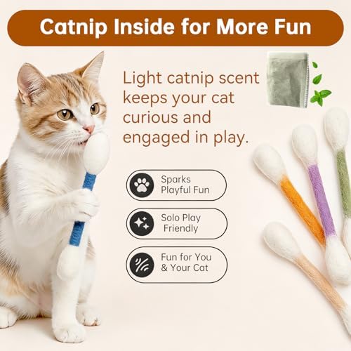 6 Pack Giant Cotton Swab Catnip Toys,Giant Qtip Cat Toy,Felt Interactive Kicker Chew Toys for Kittens & Indoor Cats, Soft Teething Toy with Organic Catnip, Eases Boredom, Cat Lover Gift (Beige)