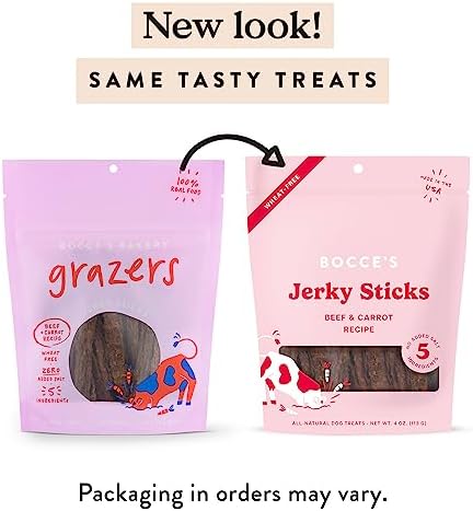 Bocce's Bakery Jerky Stick Dog Treats,Wheat-Free,Made with Limited-Ingredients,Baked in The USA with No Added Salt or Sugar,All-Naural & High-Protein,Beef & Carrot Recipe,4 oz,(Pack of 2)