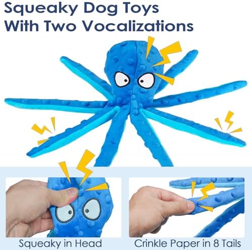 4 Pack Squeaky Dog Toys - Octopus Plush Dog Toys for Aggressive Chewers, No Stuffing, Crinkle, Durable Interactive, 4 Colors
